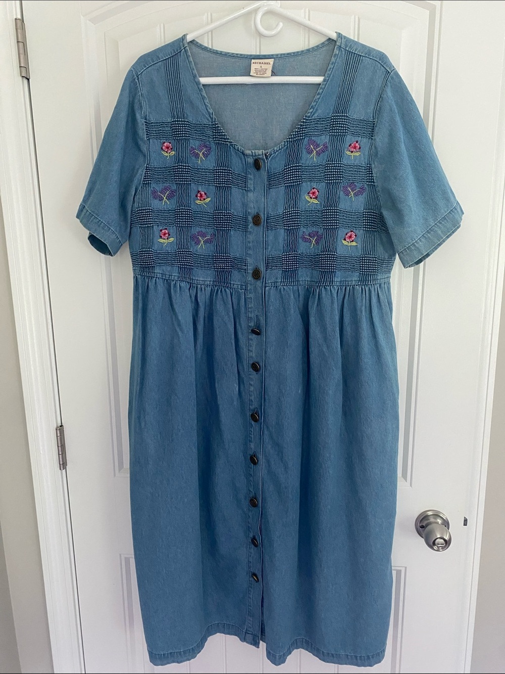 Bechamel Light Blue Denim Dress with Floral embroidery